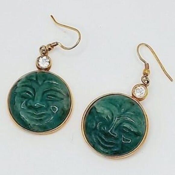 UTC Gold over Sterling 925 Silver Accented Green Aventurine Moon Face Earrings - Picture 1 of 6